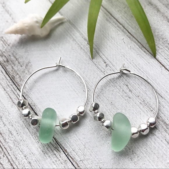 Hand Crafted Jewelry - Sea Glass /Beach Glass Silver Beaded Hoops